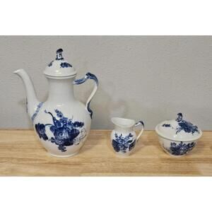 Royal Copenhagen Denmark White With Blue Flowers Curved Teapot Sugar Creamer